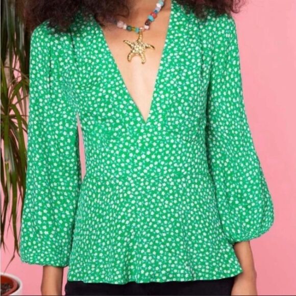 Rixo London Green Floral Kikki Top Silk Blend - Picture 2 of 10